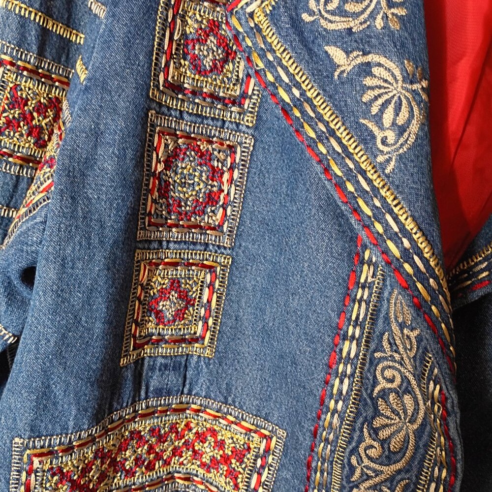 Coldwater Creek Denium Jacket Tapestry Blazer Embroidered Gold Red Womens PM - Picture 3 of 5